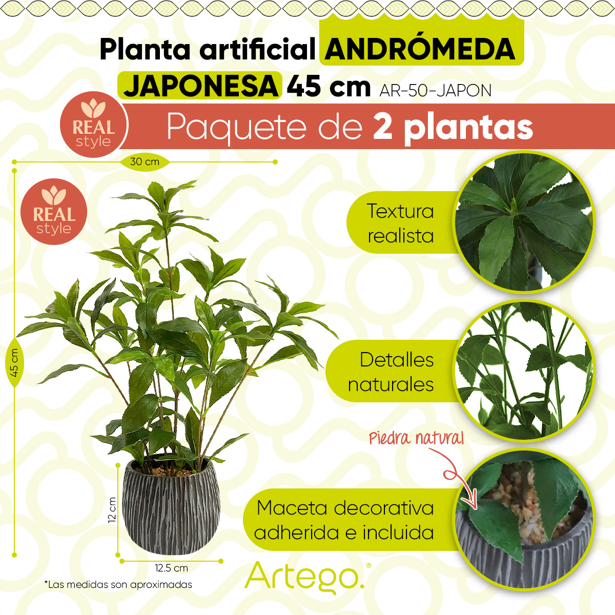 Foto 3 pulgar | Planta Artificial Moderna Con Maceta Decorativa Real Style Andromeda Japonesa Compacta Pack De 2 Unidades De 45cm De Al