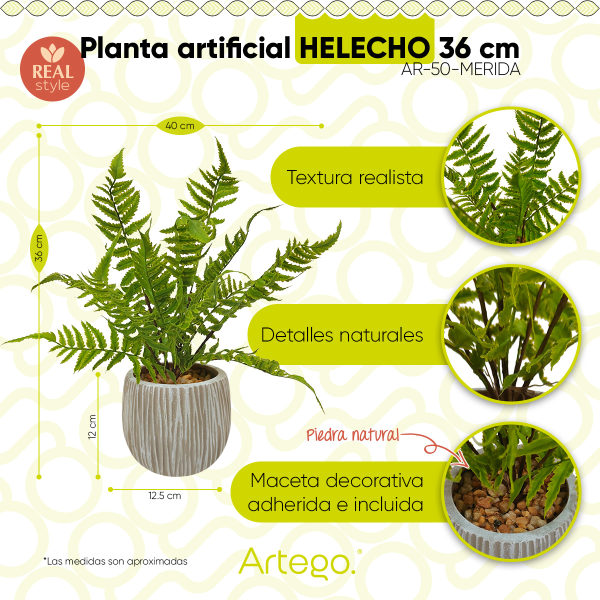 Foto 3 pulgar | Planta Artificial Moderna Con Maceta Decorativa Real Style Helecho Compacta De 36cm De Alto