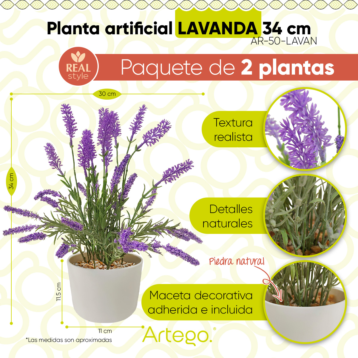 Foto 3 pulgar | Planta Artificial Moderna Con Maceta Decorativa Real Style Lavanda Compacta Pack De 2 Unidades De 34cm De Alto