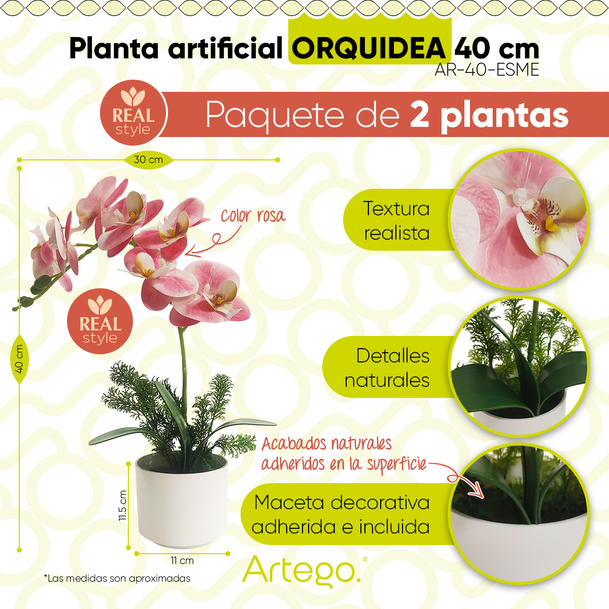 Foto 3 pulgar | Planta Artificial Moderna Con Maceta Decorativa Real Style Orquídea Compacta Pack De 2 Unidades De 40cm De Alto