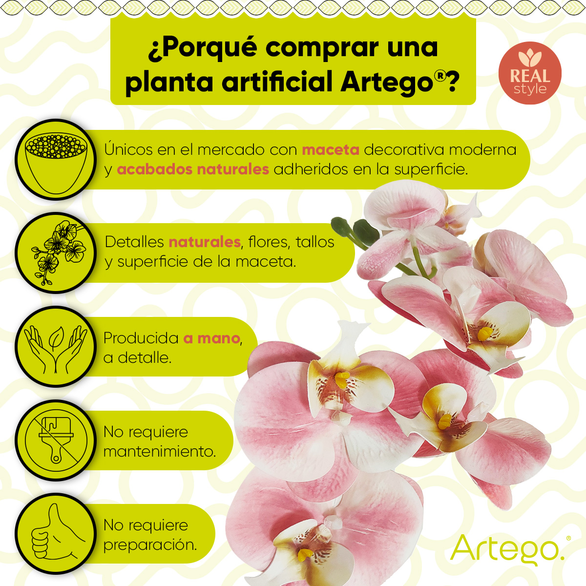 Foto 4 pulgar | Planta Artificial Moderna Con Maceta Decorativa Real Style Orquídea Compacta Pack De 2 Unidades De 40cm De Alto