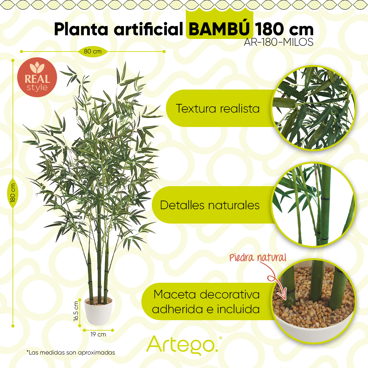 Foto 2 | Planta Artificial Moderna Con Maceta Decorativa Real Style Bambú Grande De 180cm De Alto Artego