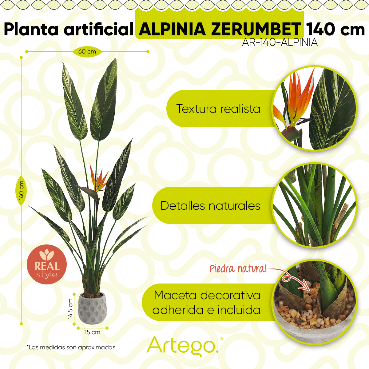 Foto 3 pulgar | Planta Artificial Moderna Con Maceta Decorativa Real Style Alpinia Zerumbet  De 140cm De Alto Artego