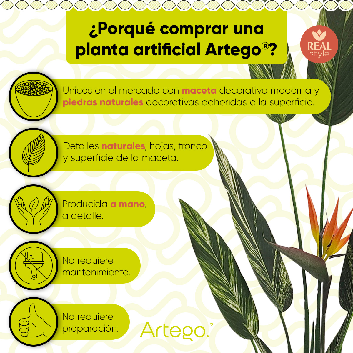 Foto 3 | Planta Artificial Moderna Con Maceta Decorativa Real Style Alpinia Zerumbet  De 140cm De Alto Artego