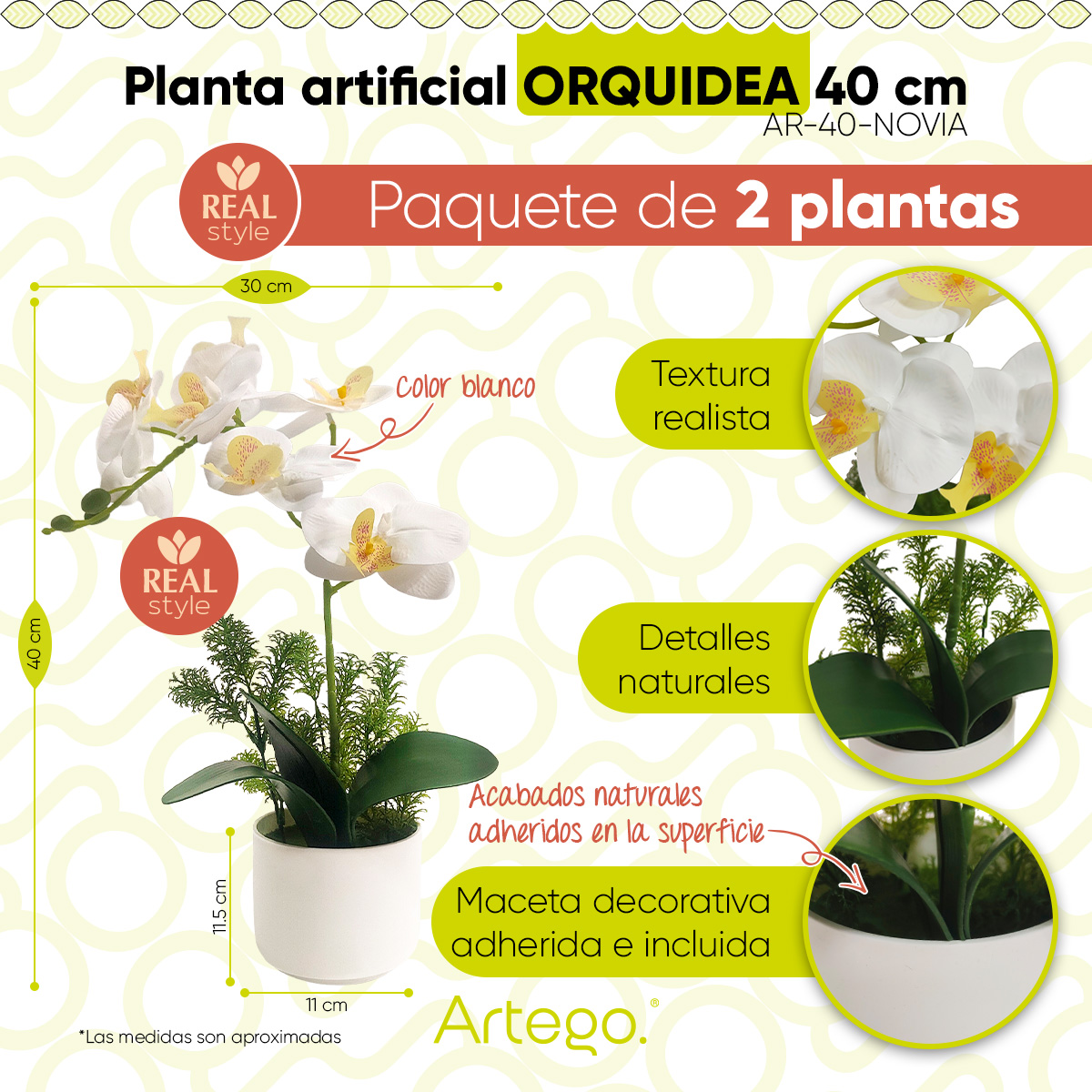 Foto 3 pulgar | Planta Artificial Moderna Con Maceta Decorativa Real Style Orquídea Compacta Pack De 2 Unidades De 40cm De Alto