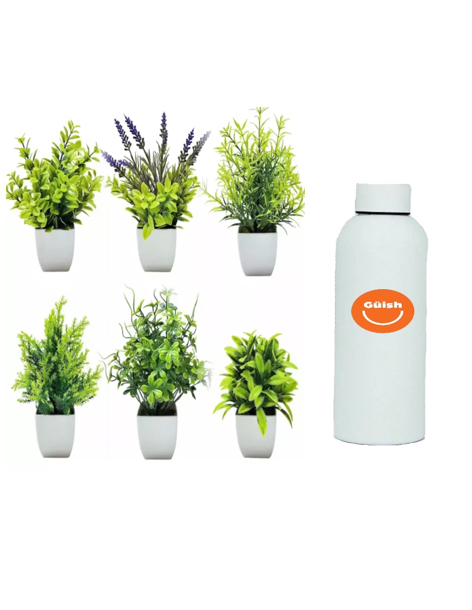 Foto 2 pulgar | Plantas Artificiales Decorativas En Macetas Verdes + Termo De Agua De Regalo Güish