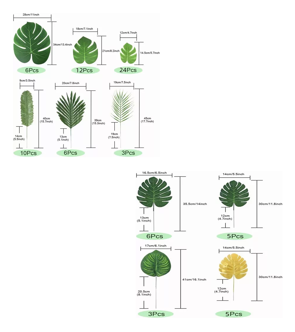 Foto 3 pulgar | Hojas Artificiales De Palma Tropicales Decor 10 Tipos 80 Pzs Verde