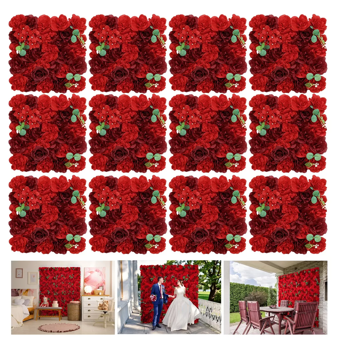 Foto 4 pulgar | 12 Panel De Flores Artificiales Muro Decorativos Rosas Pared Rojo