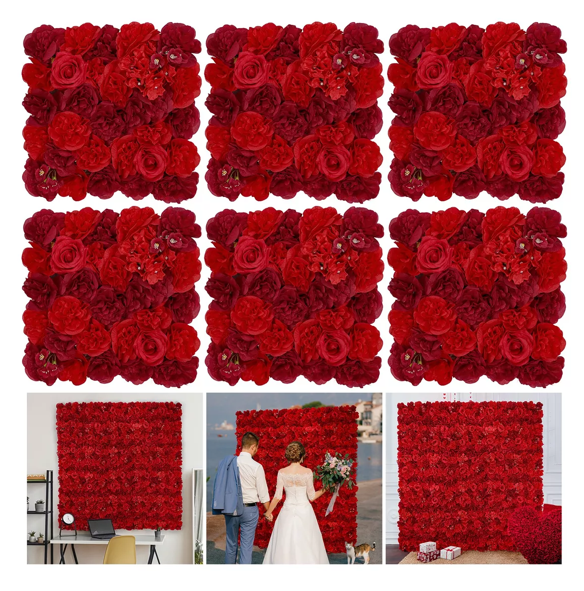 Foto 4 pulgar | Flores Artificiales Panel De Muro Decorativos Rosas Pared 6 Pzs Rojo