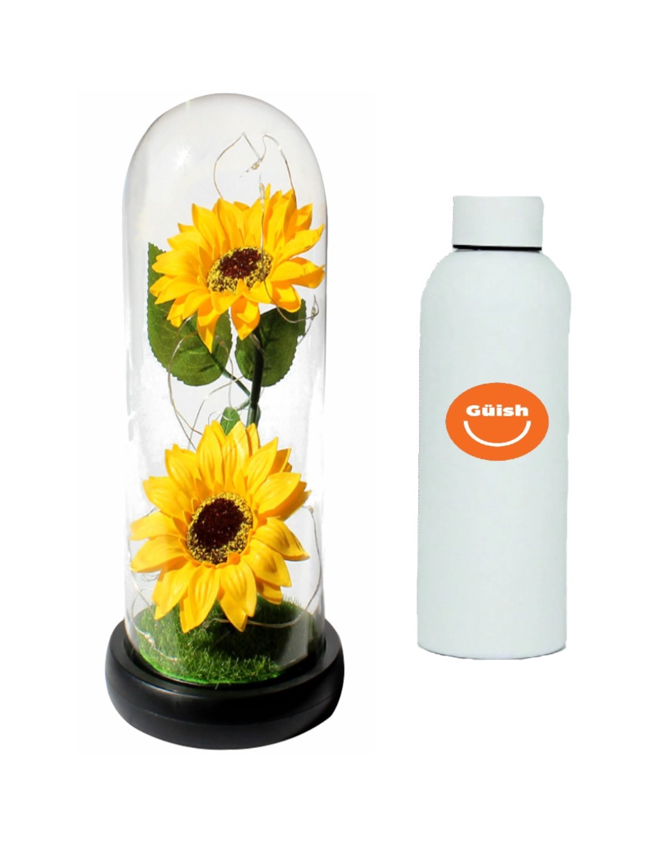Foto 2 pulgar | Flores Eternas Artificiale Girasoles En Cúpula De Vidrio Led + Termo De Agua De Regalo Güish