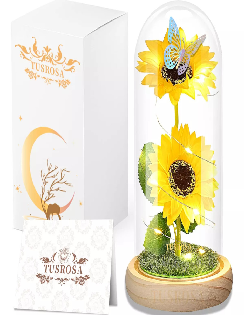 Foto 4 pulgar | Flores Eternas Artificiale Girasoles En Cúpula De Vidrio Led + Termo De Agua De Regalo Güish