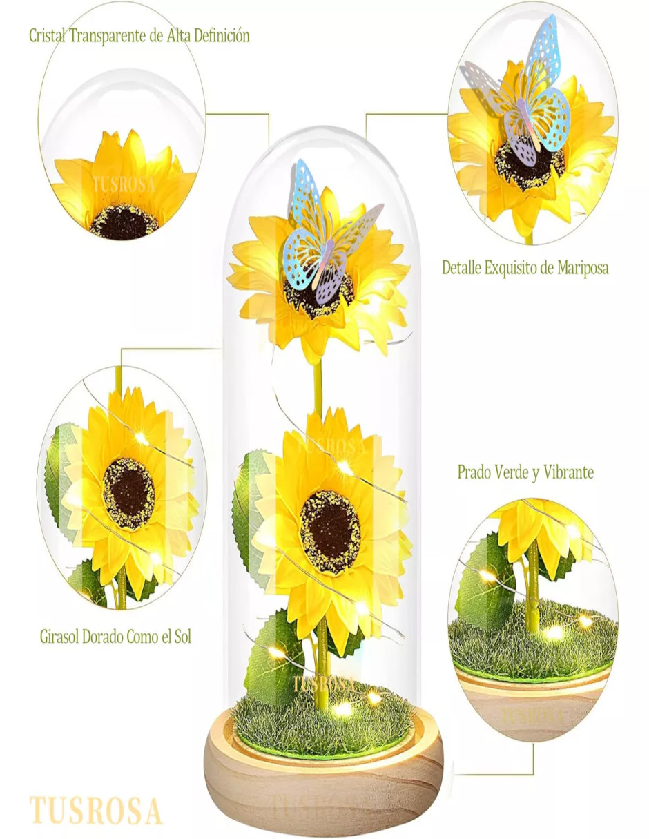 Foto 5 pulgar | Flores Eternas Artificiale Girasoles En Cúpula De Vidrio Led + Termo De Agua De Regalo Güish