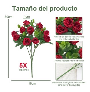 Foto 3 | 5 Ramos Flores Rose Artificiales Rama Decorativa 50 Flores Eo Safe Imports Esi-19812 Rojo