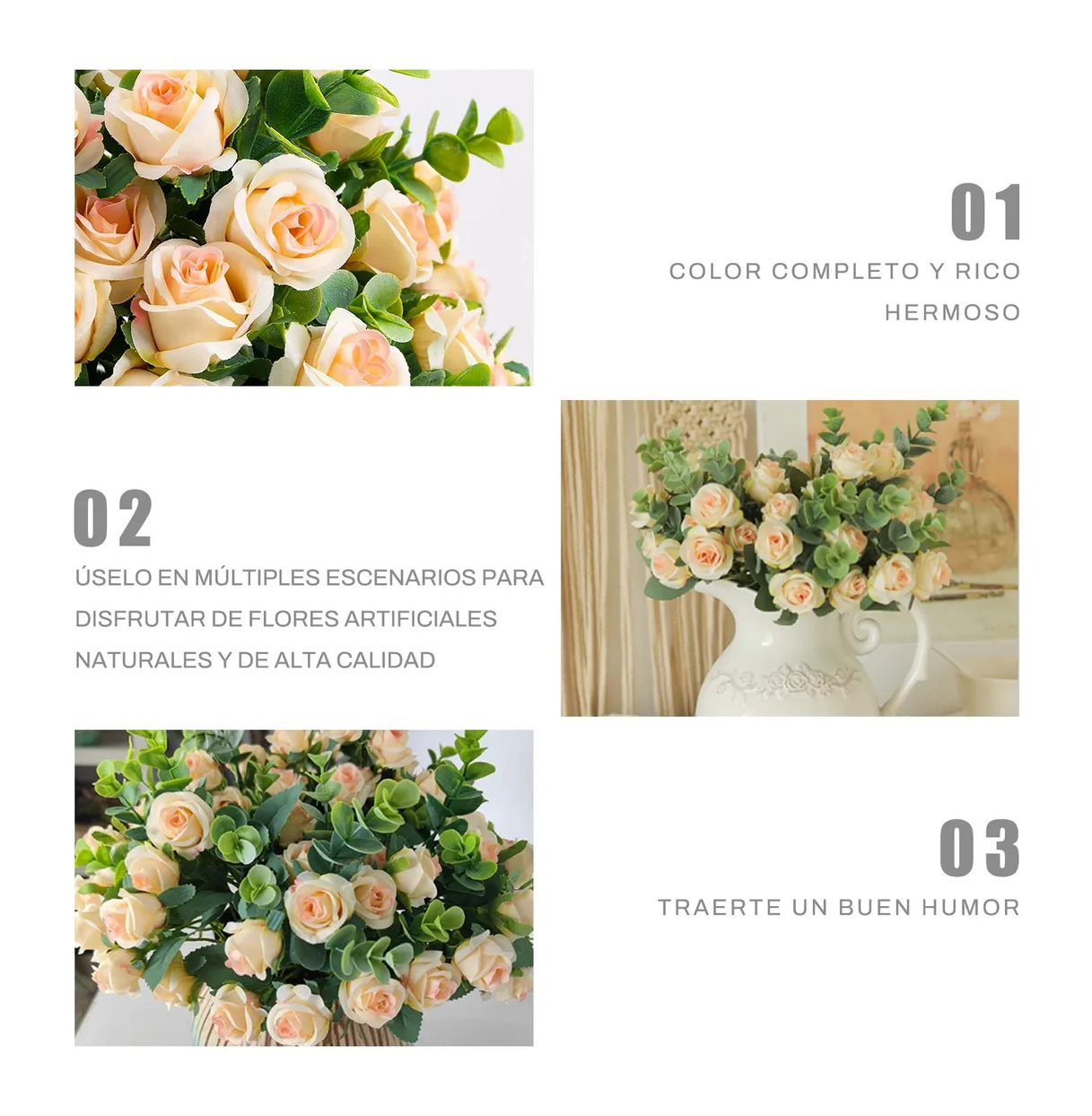 Foto 5 pulgar | 5 Ramos Flores Rose Artificiales Rama Decorativa 50 Flores Eo Safe Imports Esi-19810 Beige