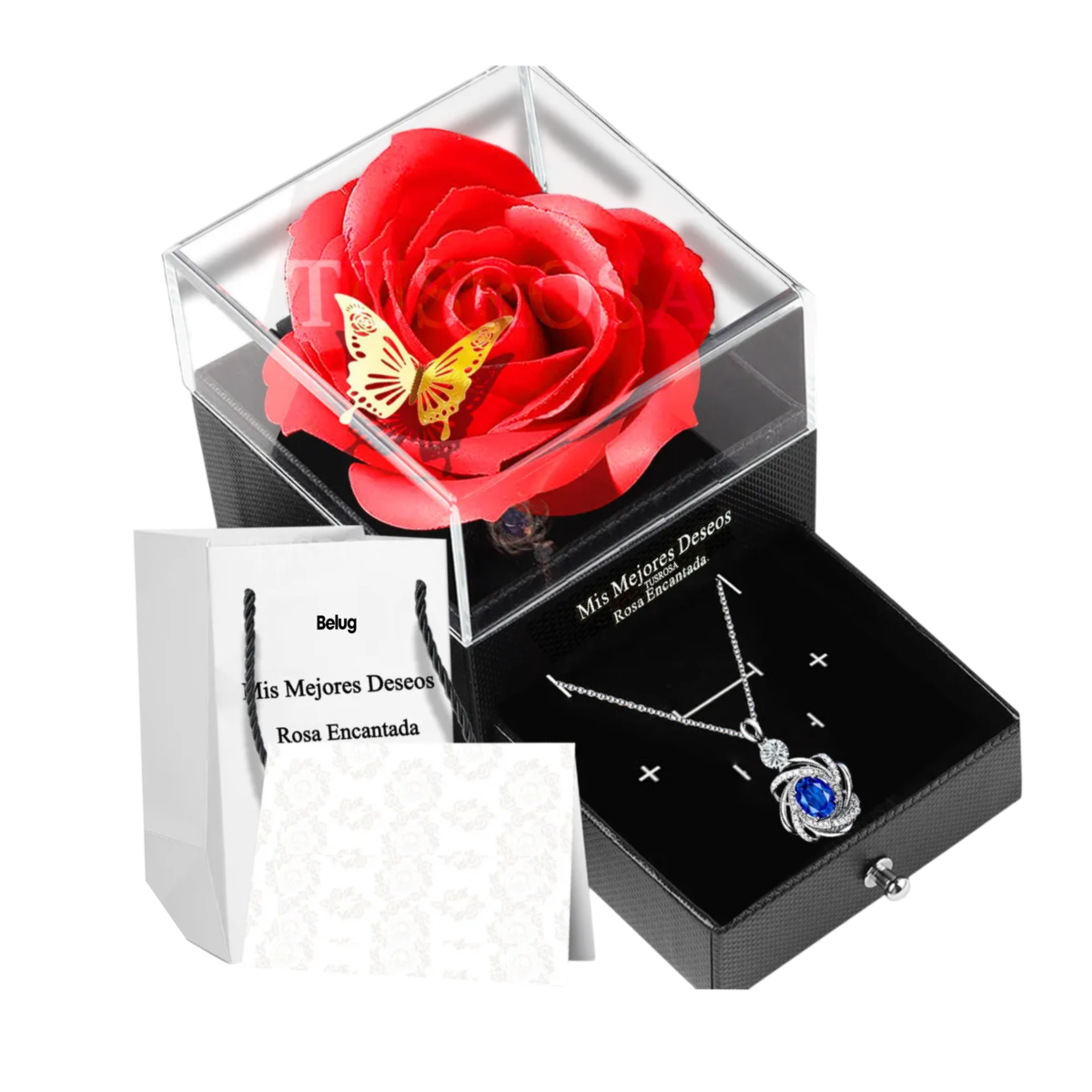 Foto 1 | Rosa Roja Flor Artificial Belug Flor Eterna Con Collar Plata Con Azul