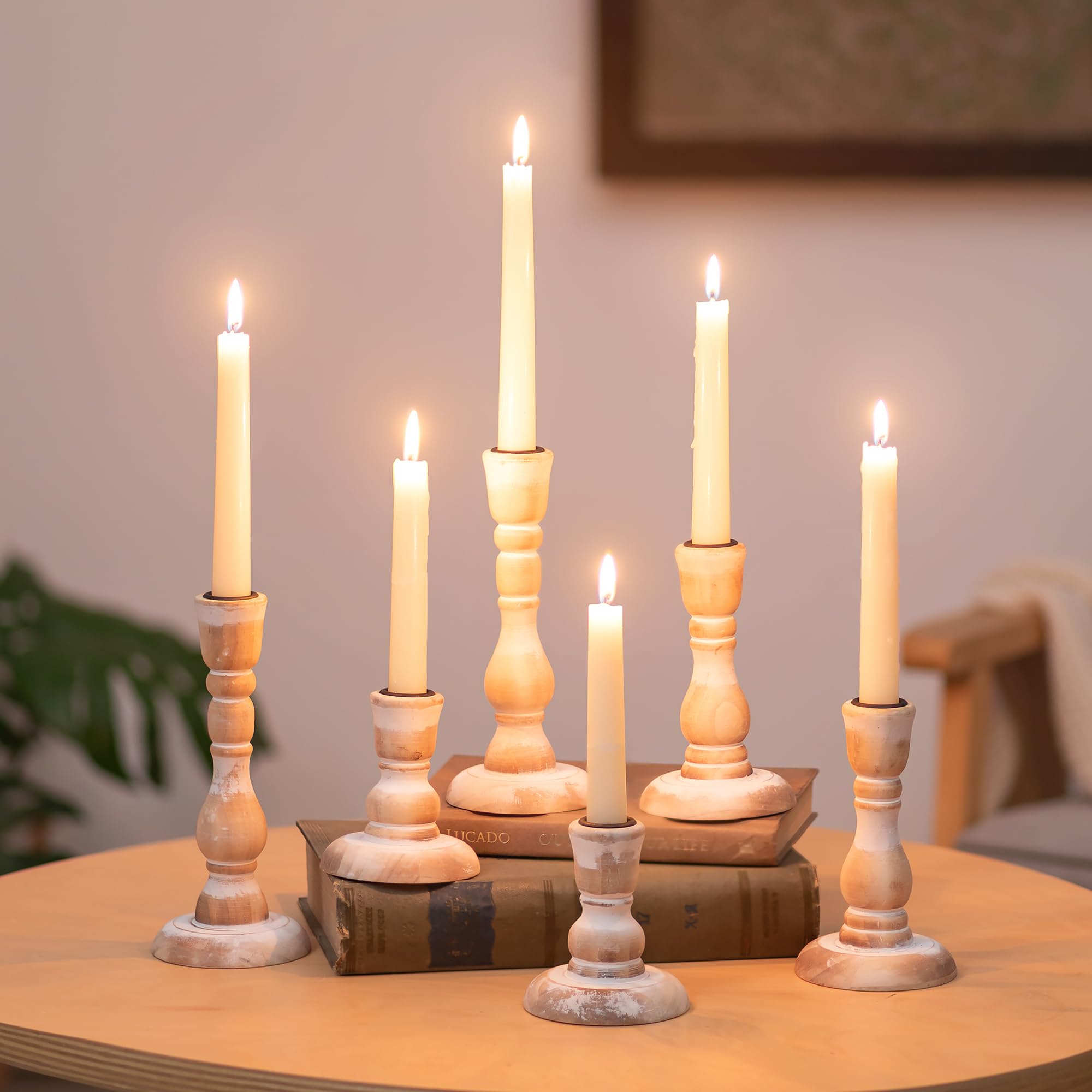 Juego De 6 Portavelas Nuptio De Madera Rústica, Color Blanco - Venta Internacional.