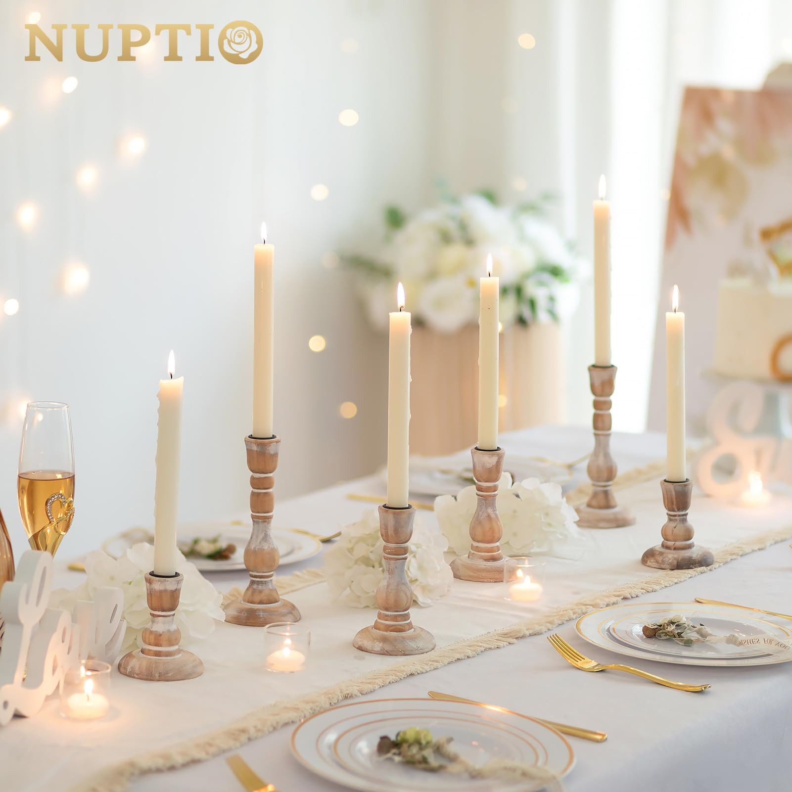 Foto 2 | Juego De 6 Portavelas Nuptio De Madera Rústica, Color Blanco - Venta Internacional.