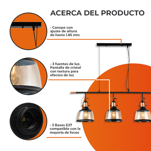 Foto 3 pulgar | Colgante de Cristal Tecnolite 180CTL8370MVNCA 1.85 m de Altura 60 W 3 Bases E27 No Incluye Foco