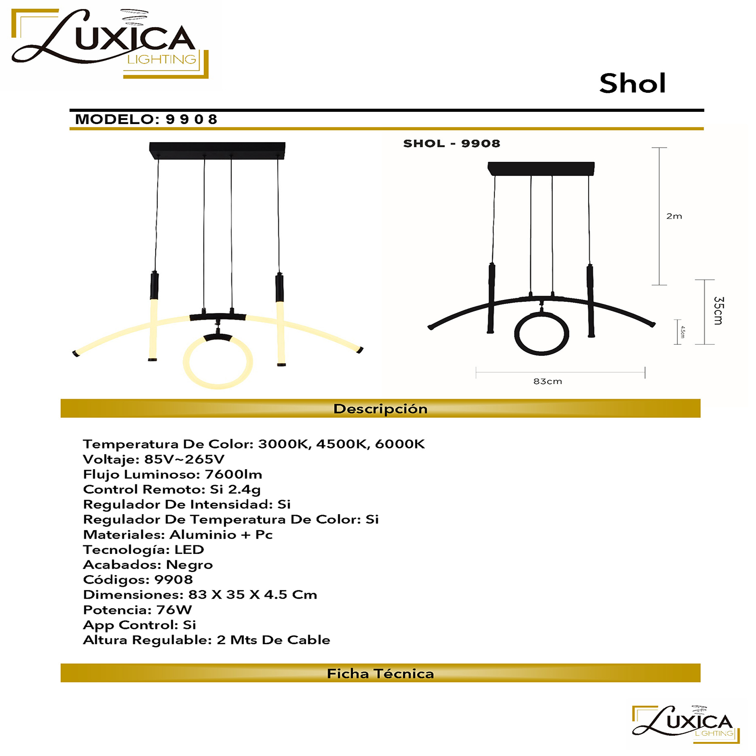 Foto 4 pulgar | Lámpara Luxica Lighting SHOL 9908 color Negro Candil Colgante