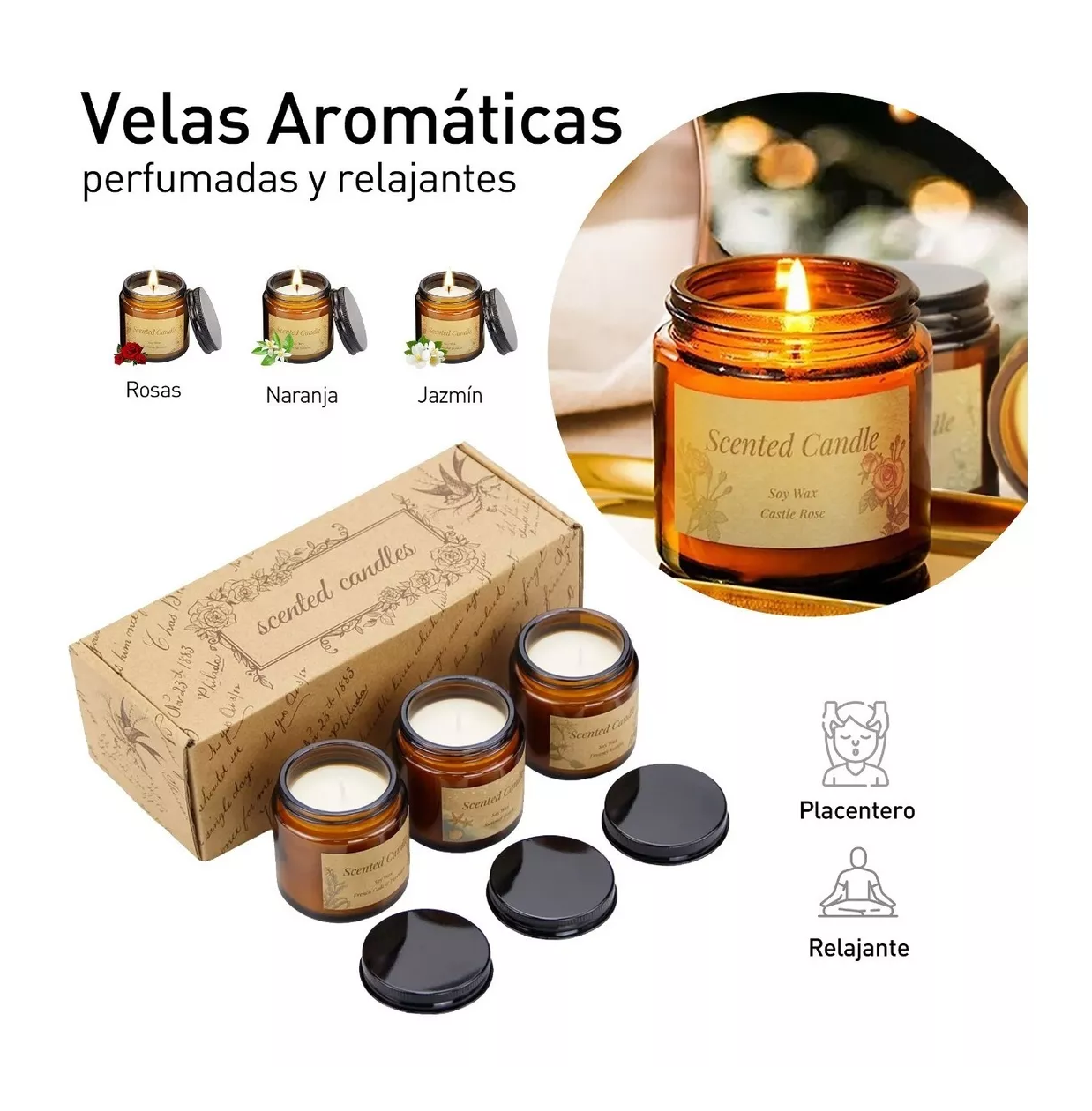 Foto 3 pulgar | 3 Velas Aromáticas Decorativas 100% Soya Aromaterapia 3.5 oz Rosas Naranja Jazmín