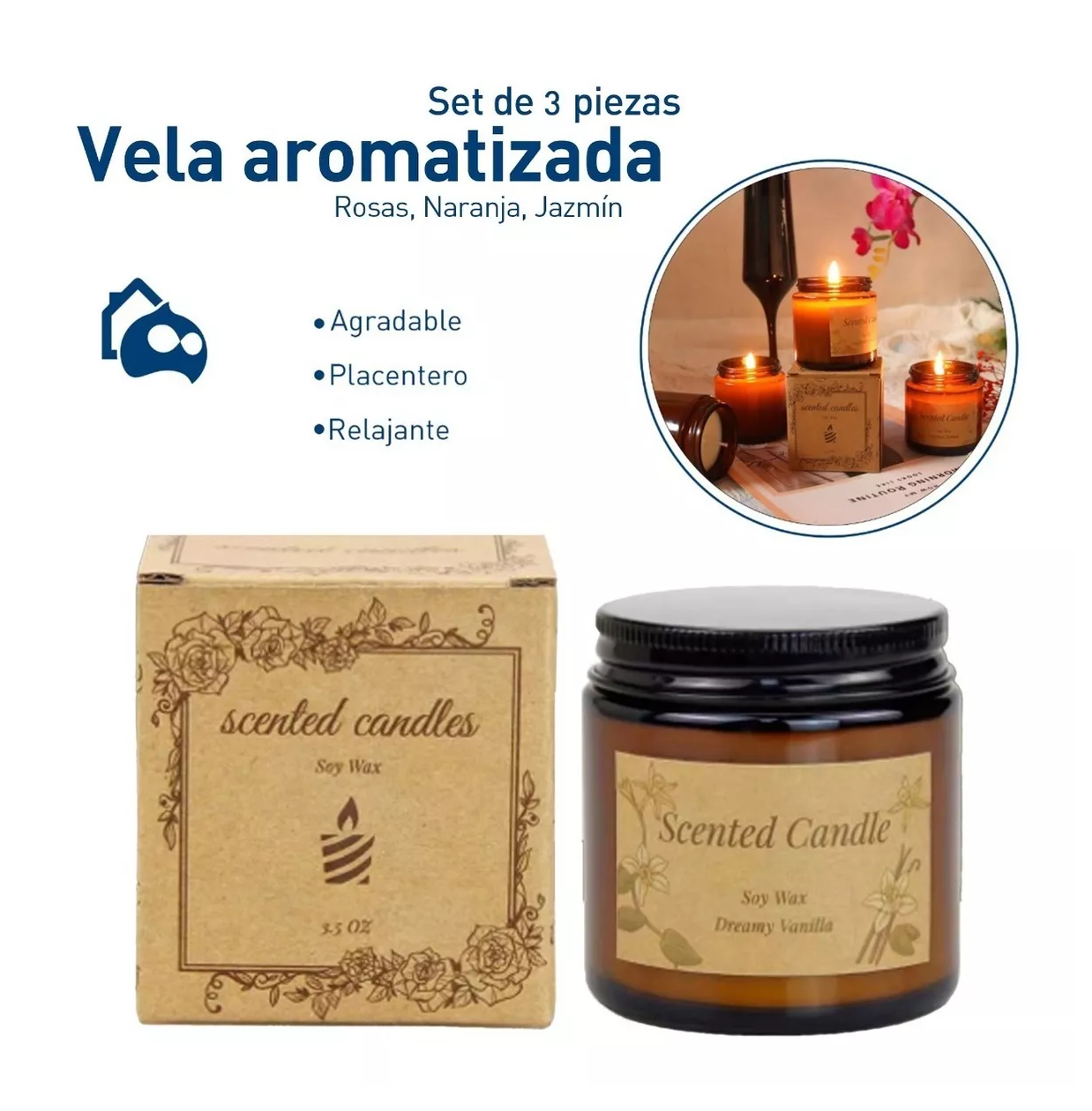 Foto 4 pulgar | 3 Velas Aromáticas Decorativas 100% Soya Aromaterapia 3.5 oz Rosas Naranja Jazmín