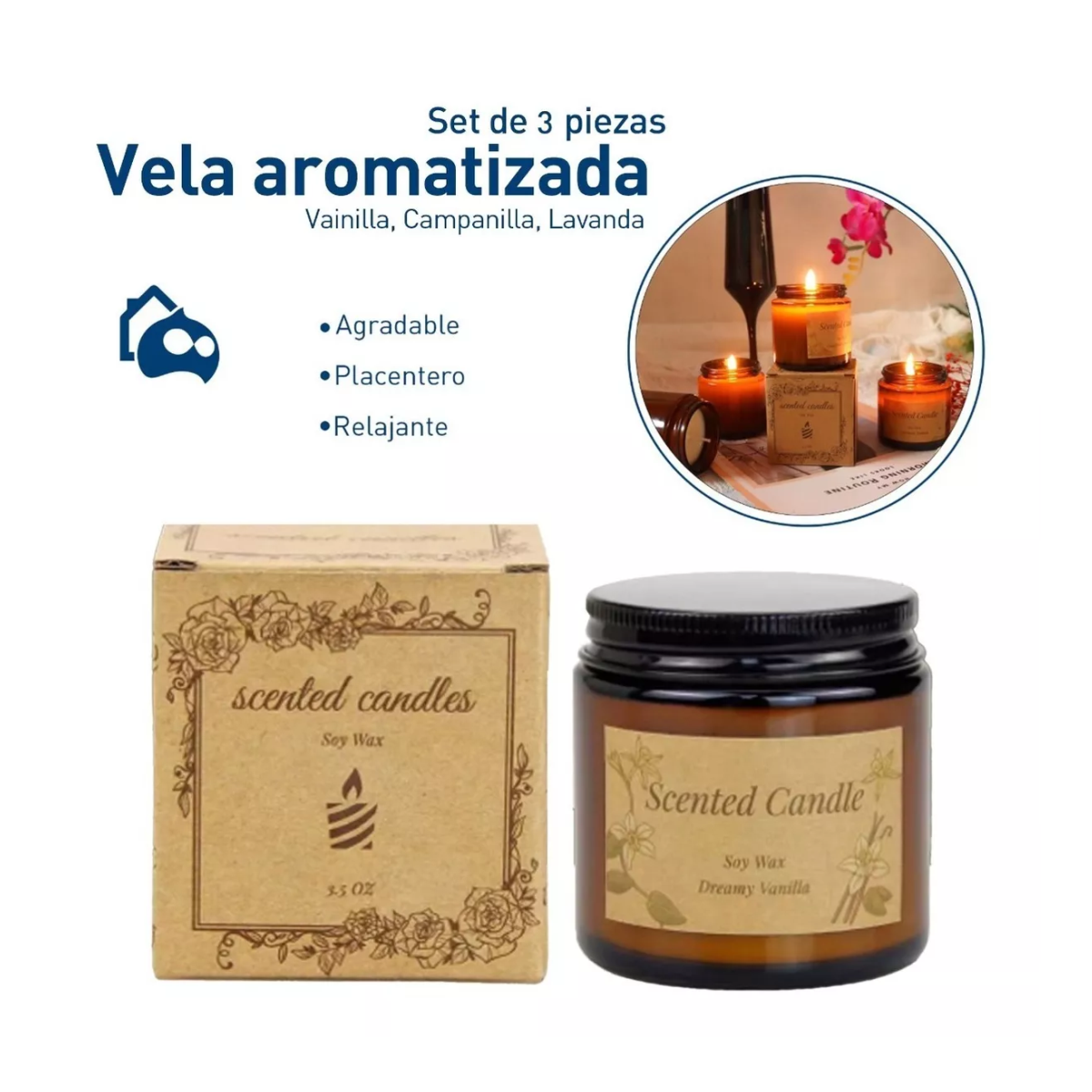 Foto 4 pulgar | 3 Velas Aromáticas Decorativas 100 % Soya Aromaterapia 3.5 Onzas Vainilla, Campanilla y Lavanda