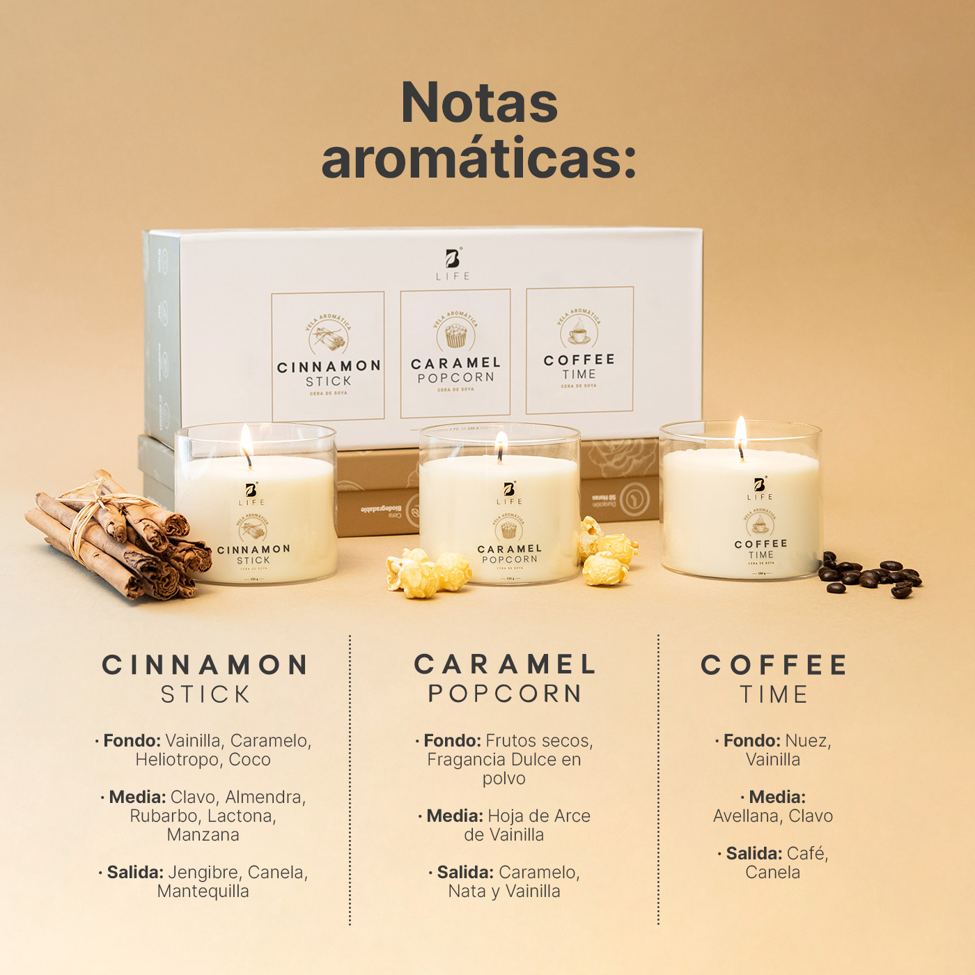 Foto 4 pulgar | Kit 3 Velas de Soya Warm Wishes B Life con Aromas Canela Palomita Caramelizada y Café Duración 50 Hrs