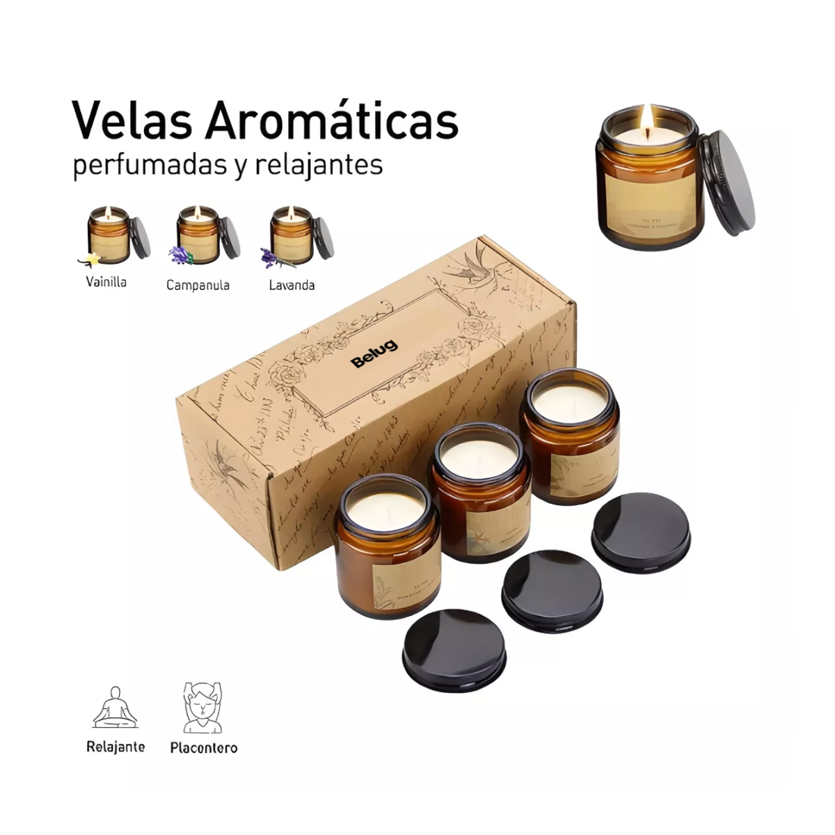 Foto 3 pulgar | 3 Velas Aromáticas Belug Decorativas 100% Soya Aromaterapia 3.5oz Vainilla, Campanilla, Lavanda