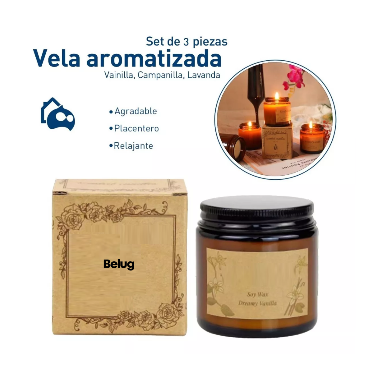 Foto 4 pulgar | 3 Velas Aromáticas Belug Decorativas 100% Soya Aromaterapia 3.5oz Vainilla, Campanilla, Lavanda