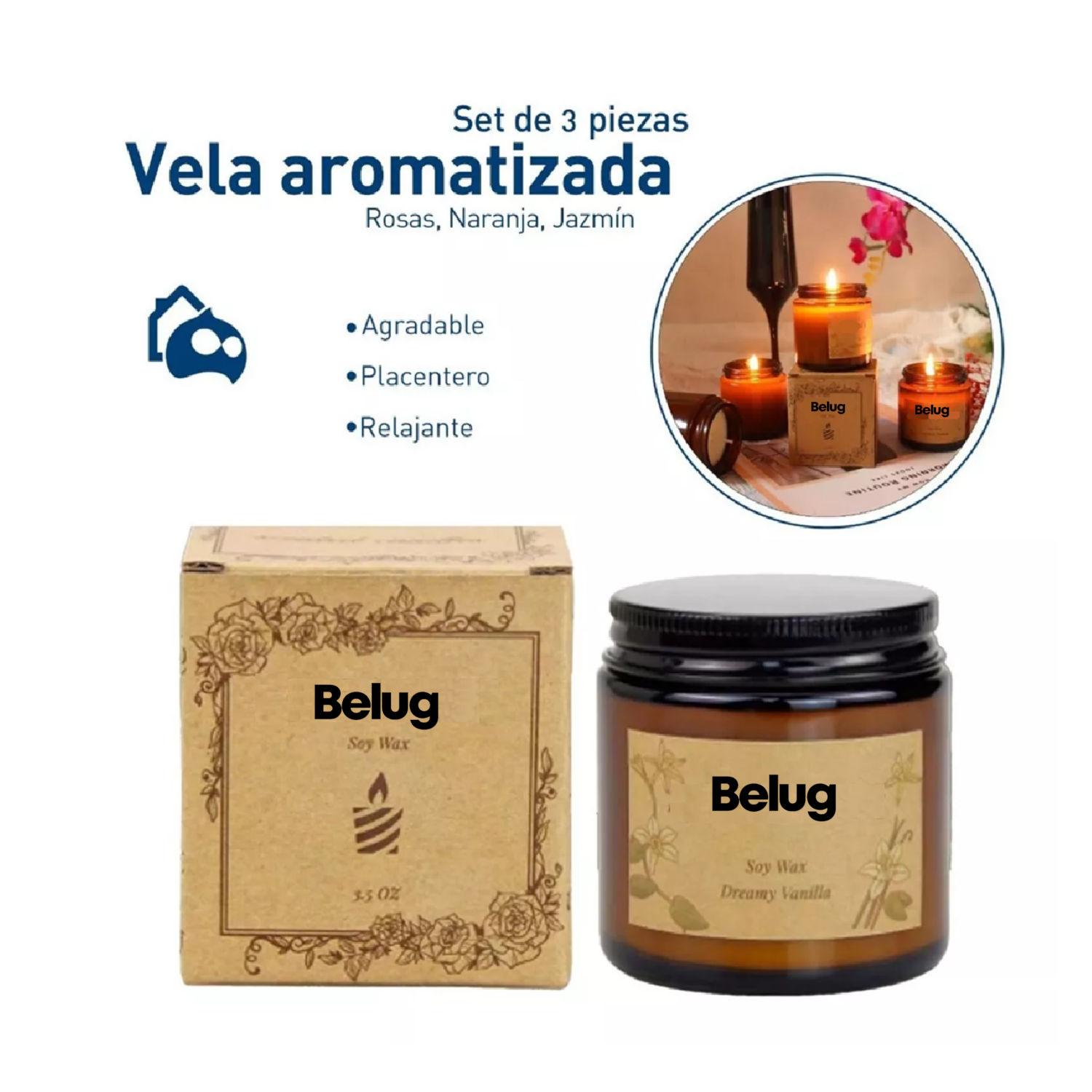 Foto 2 | 3 Velas Aromáticas Decorativas 100% Soya Aromaterapia 3.5oz Rosas, Naranja, Jazmín, Belug Multicolor