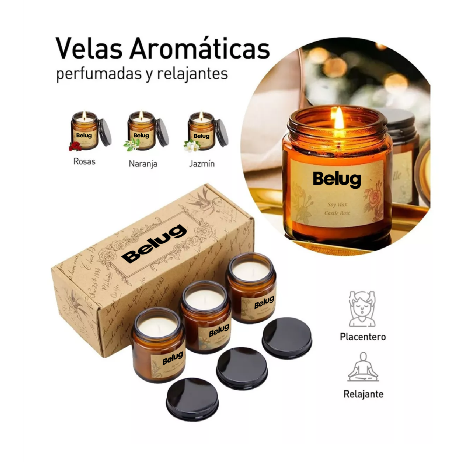 Foto 3 | 3 Velas Aromáticas Decorativas 100% Soya Aromaterapia 3.5oz Rosas, Naranja, Jazmín, Belug Multicolor