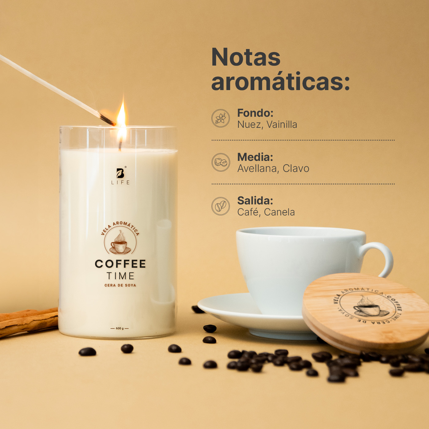 Foto 4 pulgar | Vela De Soya Aromática | 600 G | Aroma Café Recién Hecho | Duración 120 Horas | Coffee Time Aromatic Candle | B Life.