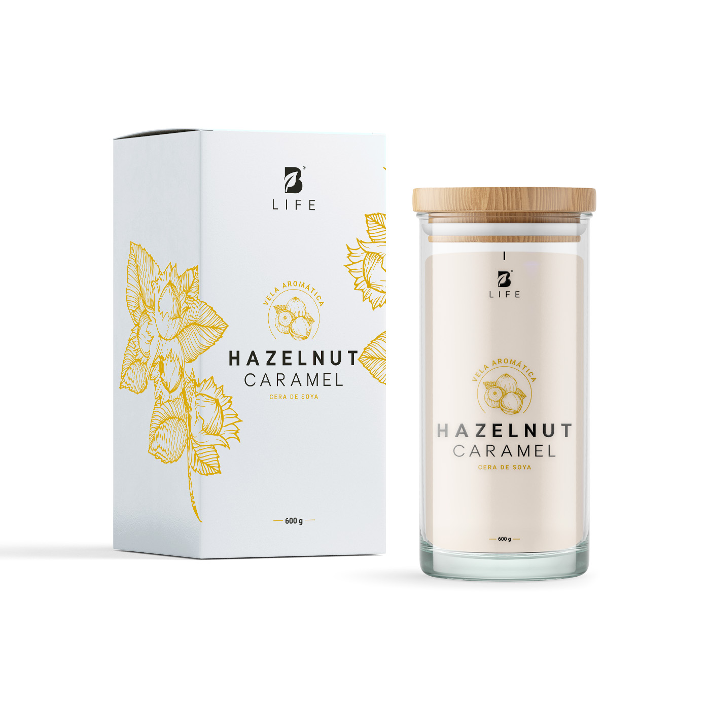 Vela De Soya Aromática | 600 G | Aroma Avellana Con Caramelo | Duración 120 Horas | Hazelnut Caramel Aromatic Ca