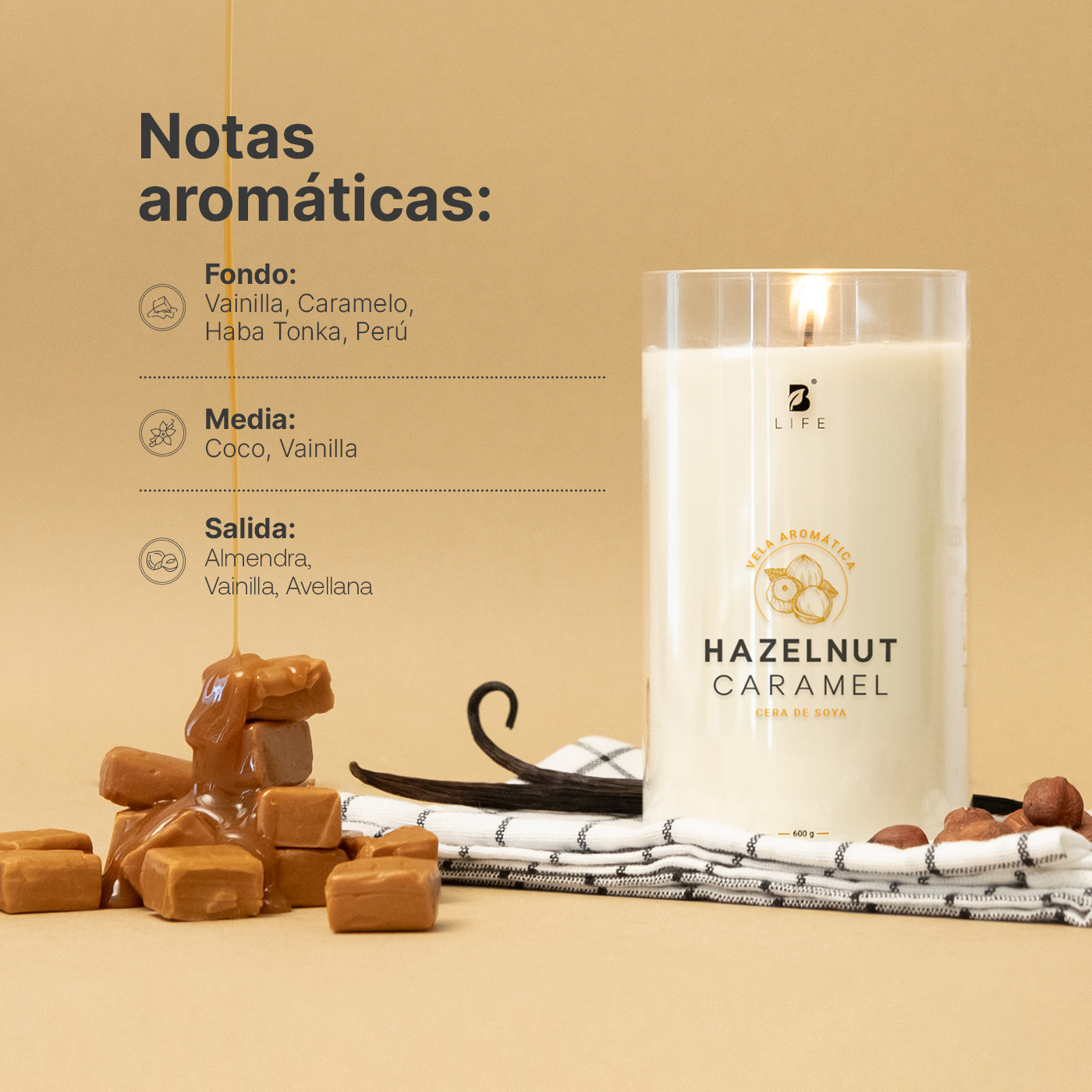 Foto 4 pulgar | Vela De Soya Aromática | 600 G | Aroma Avellana Con Caramelo | Duración 120 Horas | Hazelnut Caramel Aromatic Ca