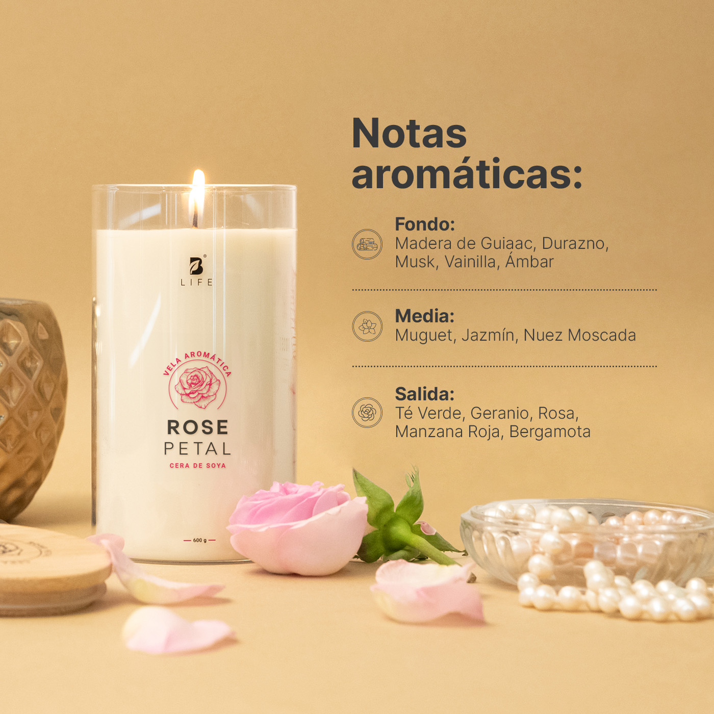 Foto 4 pulgar | Vela De Soya Aromática | 600 G | Aroma Pétalos De Rosa | Duración 120 Horas | Rose Petal Aromatic Candle | B Life.