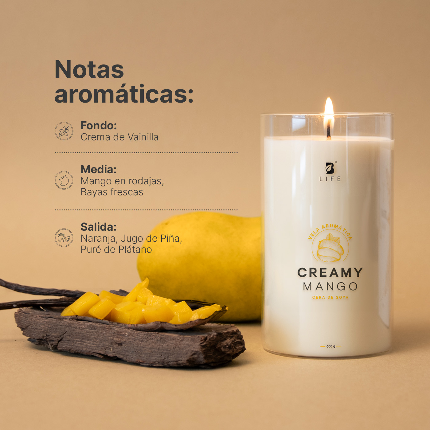 Foto 3 | Vela De Soya Aromática | 600 G | Aroma Mango | Duración 120 Horas | Cera Para Masaje | Creamy Mango Aromatic Cand