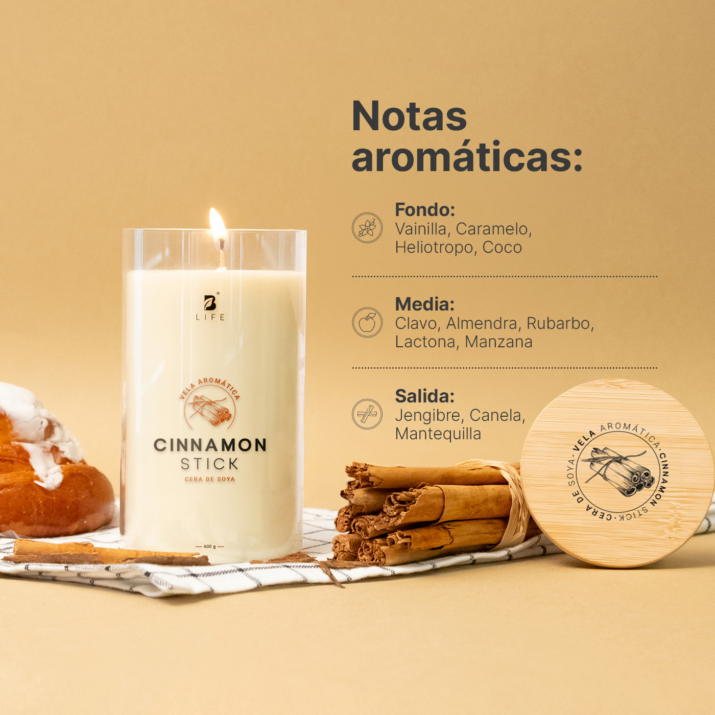 Foto 3 | Vela De Soya Aromática | 600 G | Aroma Canela | Duración 120 Horas | Cera Para Masaje | Cinnamon Stick Aromati