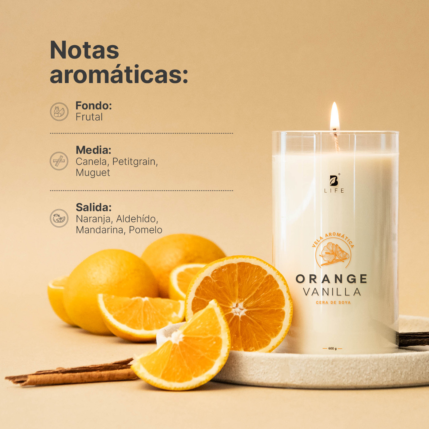 Foto 4 pulgar | Vela De Soya Aromática | 600 G | Aroma Naranja Con Vainilla | Duración 120 Horas | Orange Vanilla Aromatic Candle |