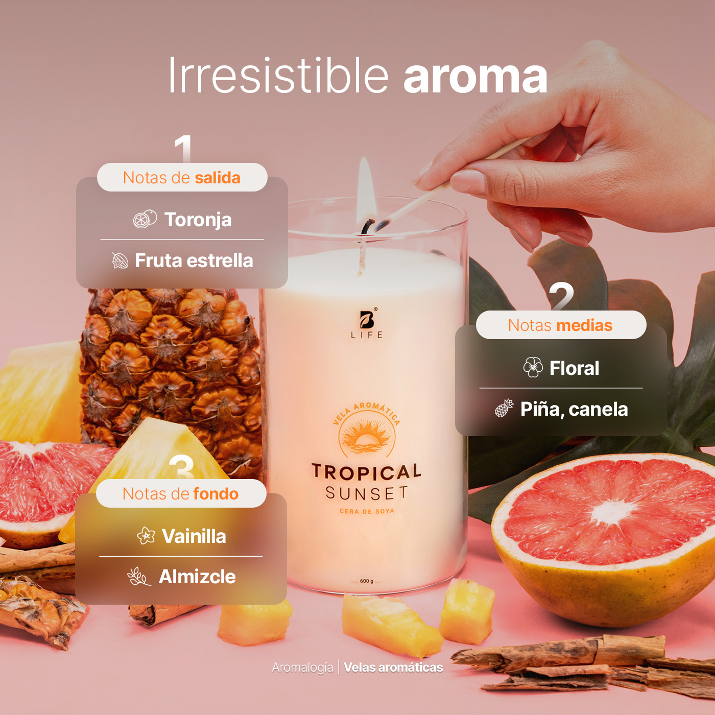 Foto 4 pulgar | Vela de Soya Aromática 600 G Aroma Frutas Tropicales Duración 120 Horas B Life