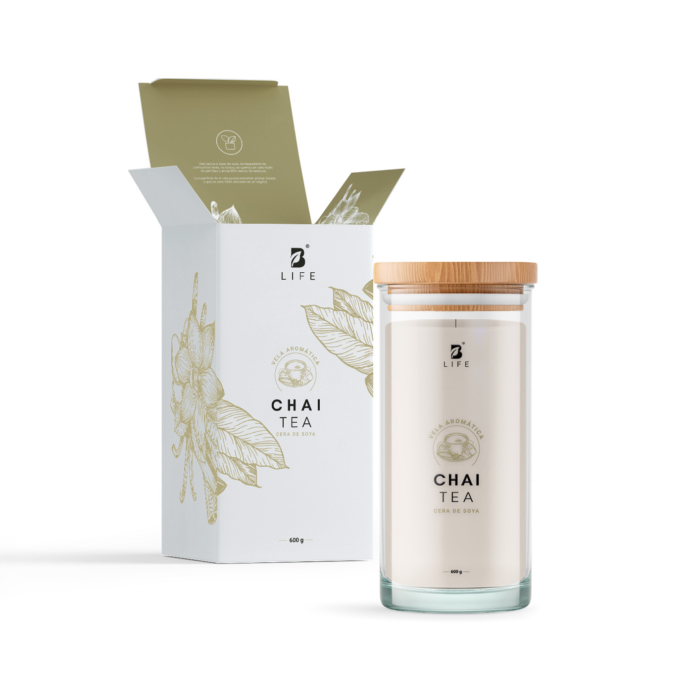 Vela de Soya Aromática 600 G Aroma Té Chai Duración 120 Horas Cera Para Masaje B Life