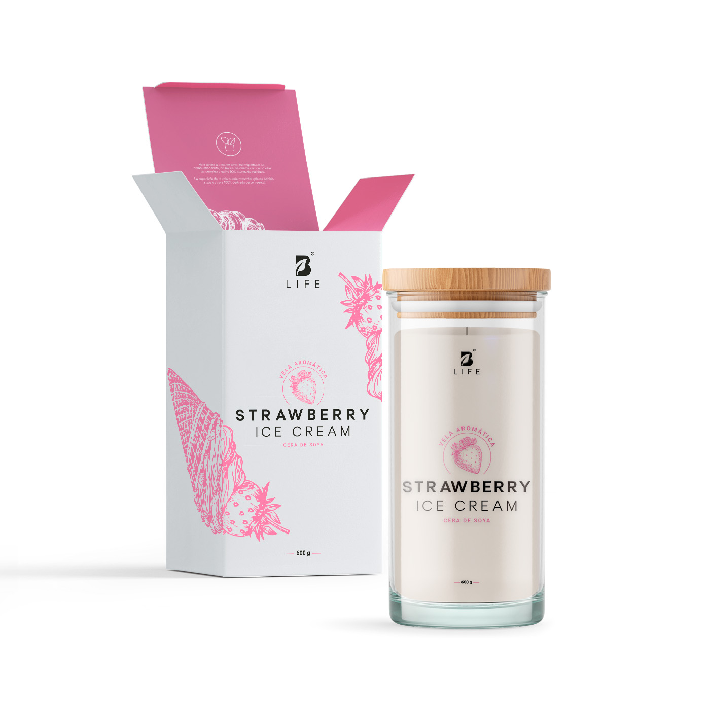 Vela de Soya Aromática 600 G Aroma Helado de Fresa Duración 120 Horas B Life