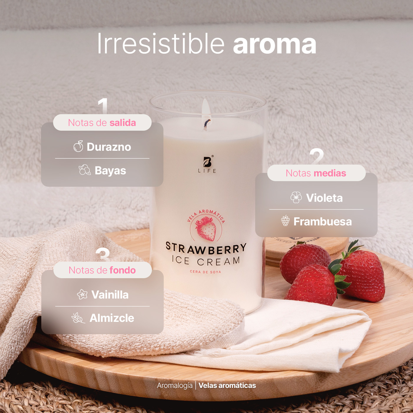 Foto 4 pulgar | Vela de Soya Aromática 600 G Aroma Helado de Fresa Duración 120 Horas B Life