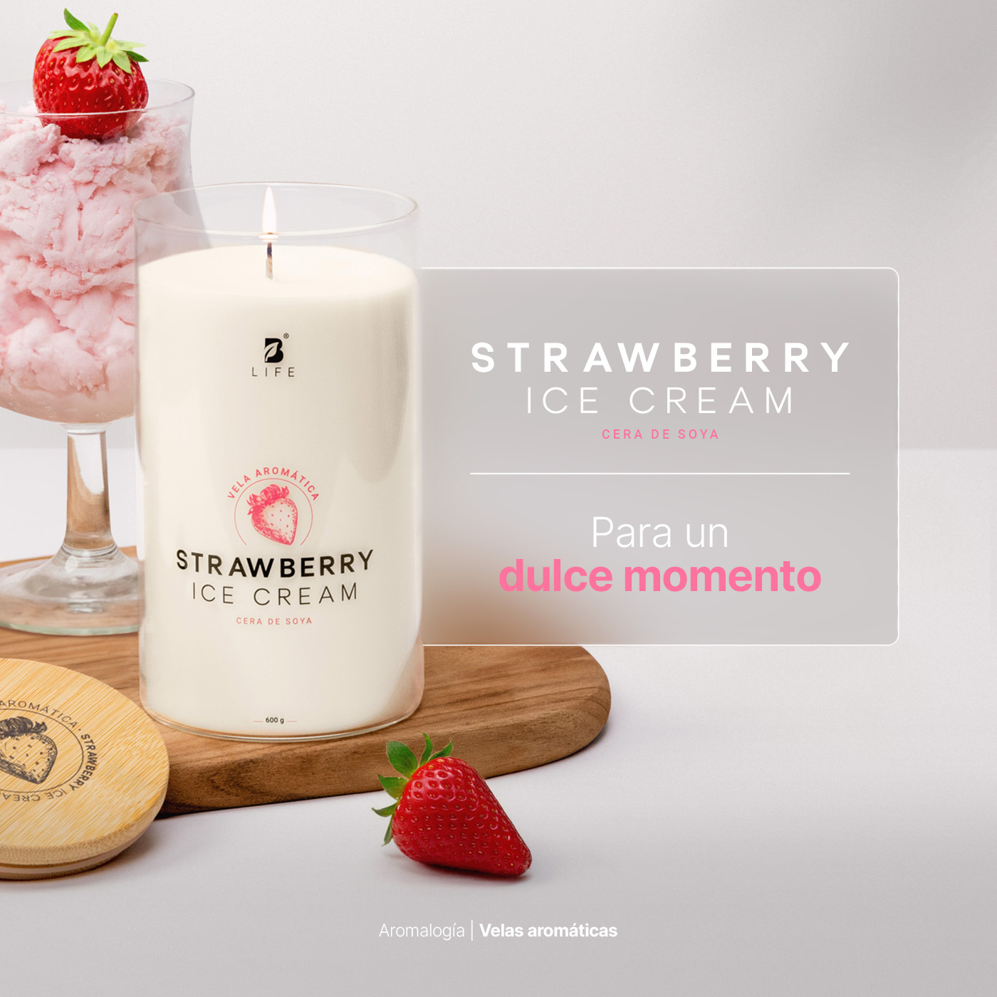 Foto 7 | Vela de Soya Aromática 600 G Aroma Helado de Fresa Duración 120 Horas B Life