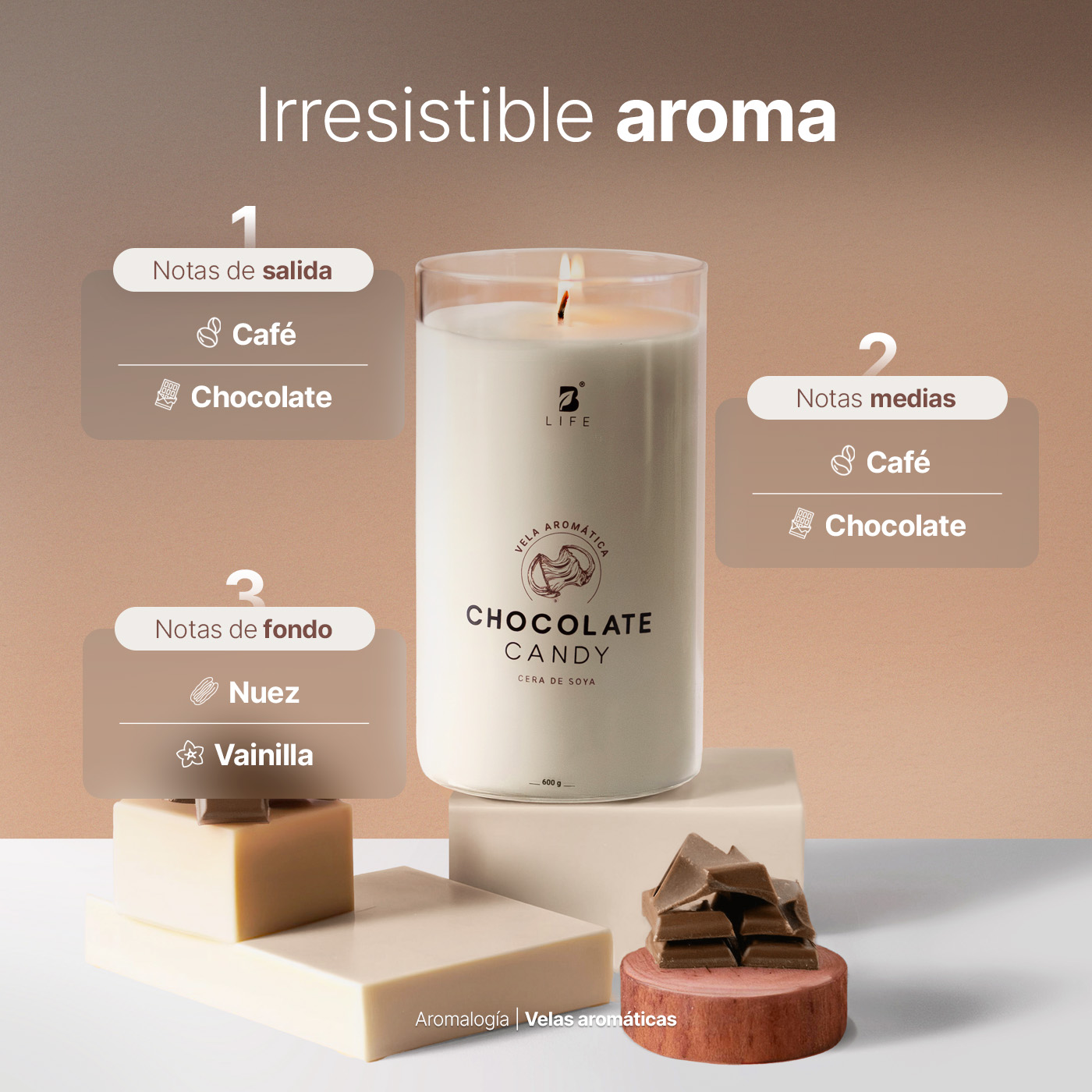 Foto 4 pulgar | Vela de Soya Aromática 600 G Aroma Dulce de Chocolate Duración 120 Horas B Life