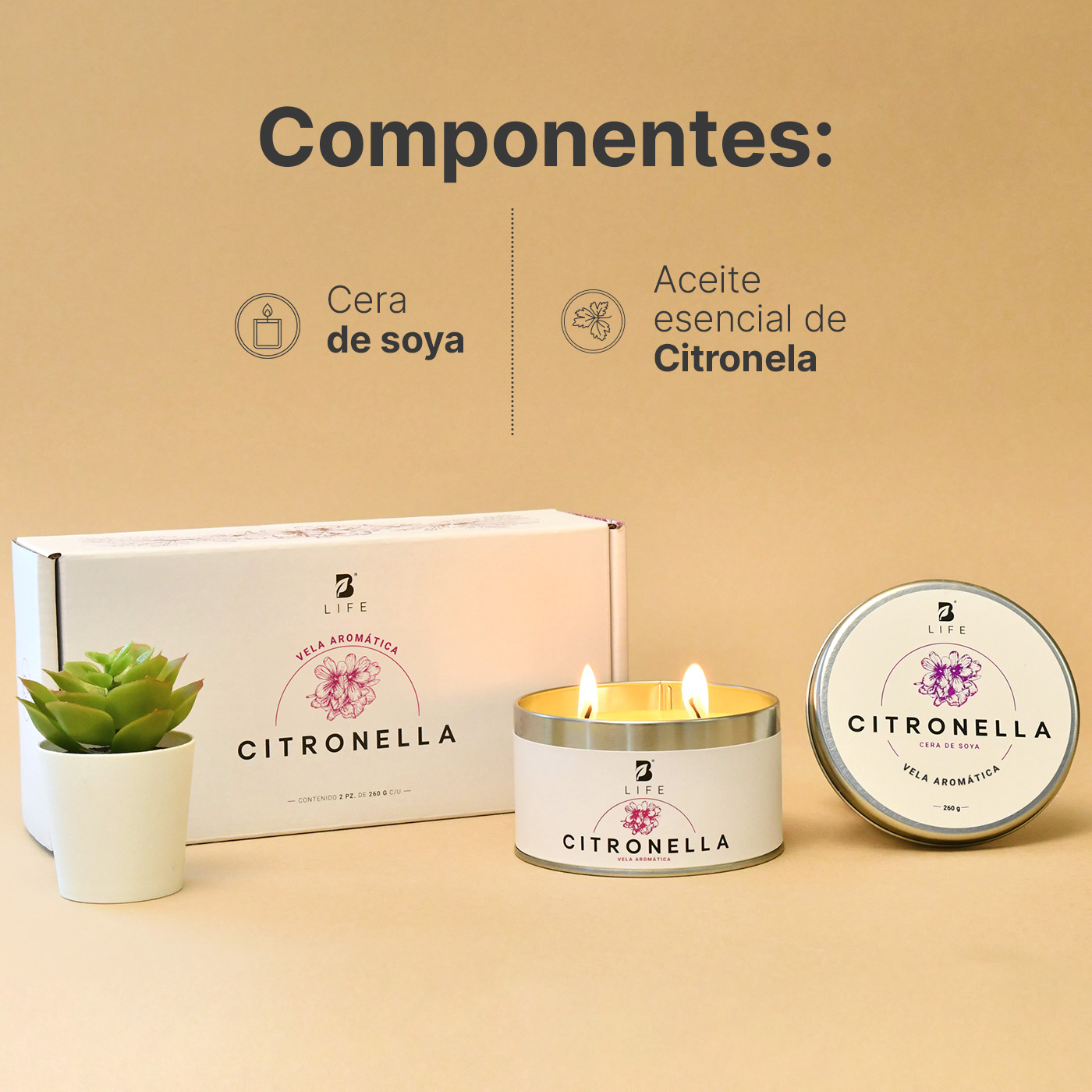 Foto 4 pulgar | Kit 2 Velas de Soya B Life con Aroma a Citronela para Interiores y Exteriores Duración 26 Hrs