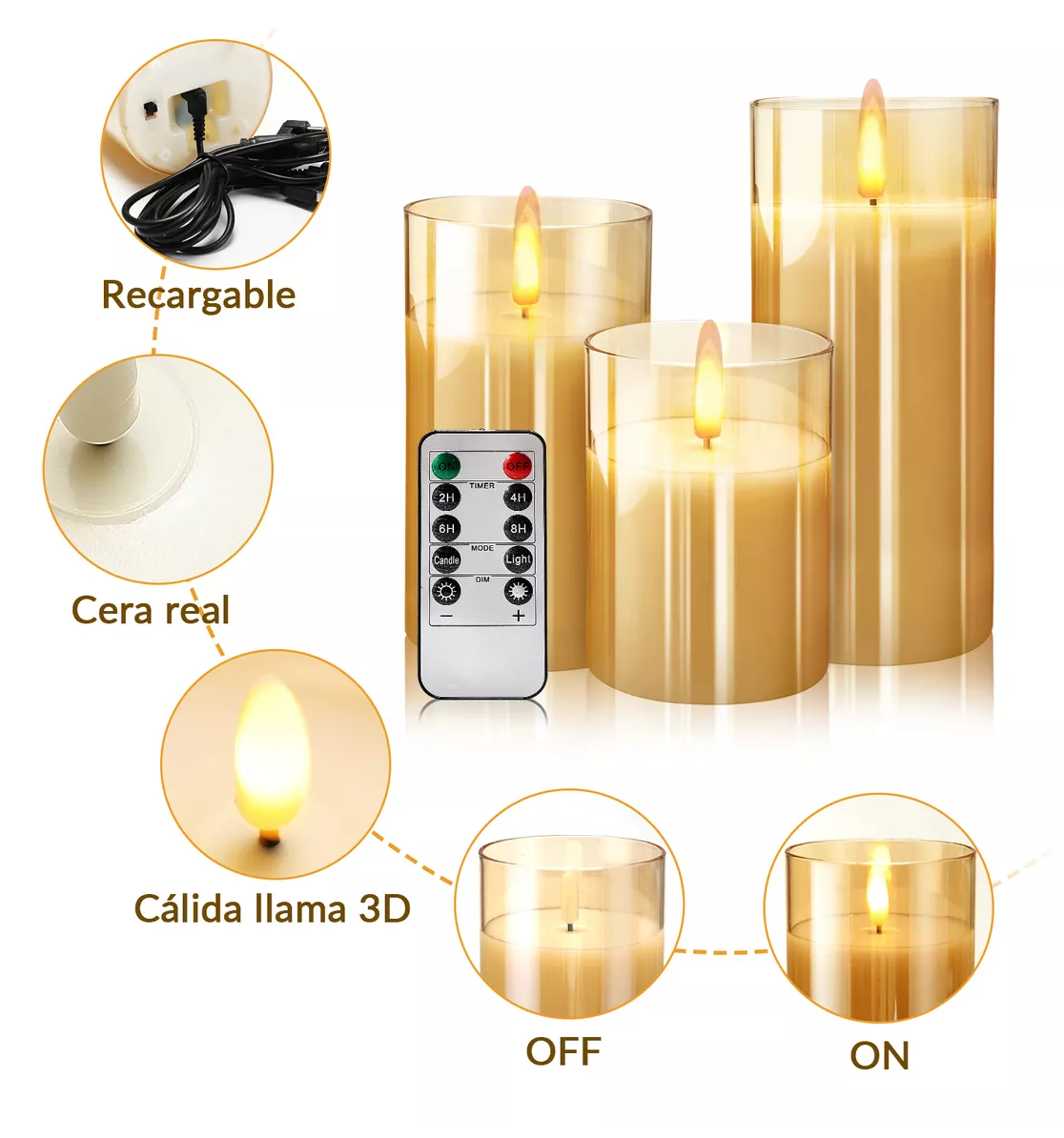 Foto 5 pulgar | Velas Led Recargable Lab.G con Control Remoto 3 Piezas