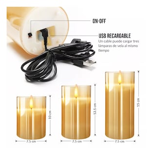 Foto 5 | Velas Led Recargable Control Remoto Impermeable 3 piezas Amarillo