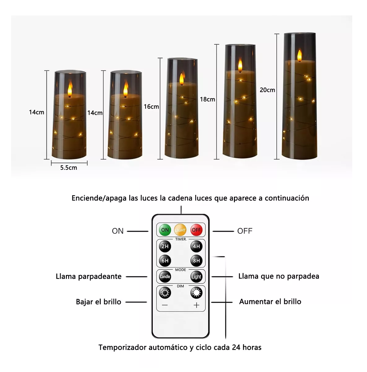 Foto 3 pulgar | Velas Eléctricas Led 5.5 cm con Control Remoto Flama Realista 5 Piezas