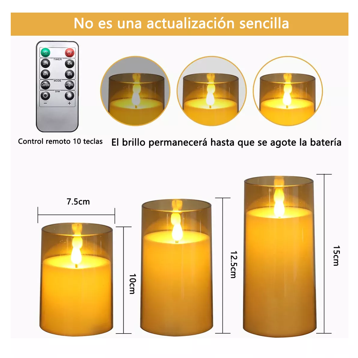 Foto 2 | Velas Eléctricas Led Flama Realista con Control Remoto 3 Piezas 7.5 cm Dorado