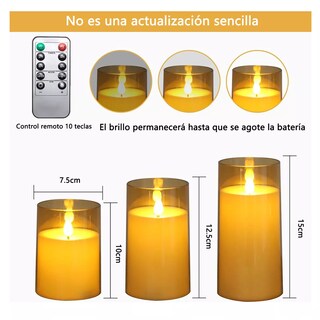 Foto 2 | Velas Eléctricas Led Flama Realista con Control Remoto 3 Piezas 7.5 cm Dorado